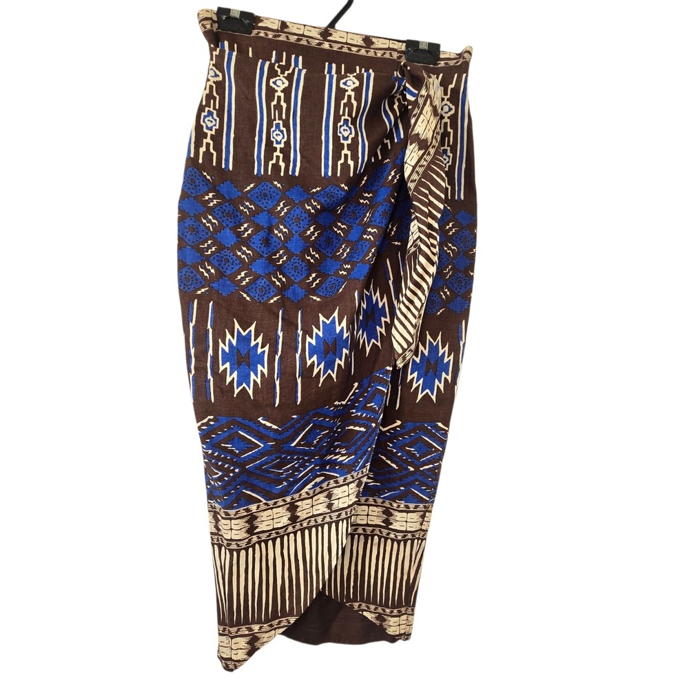 Andrea Jovine Linen Skirt Womens Blue Brown Geometric Wrap Front Midi Boho Sz 12